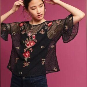 ANTHRO I  Black & Pink Embroidered Floral Cadiz Half Sleeve Mesh Top by Maeve, S